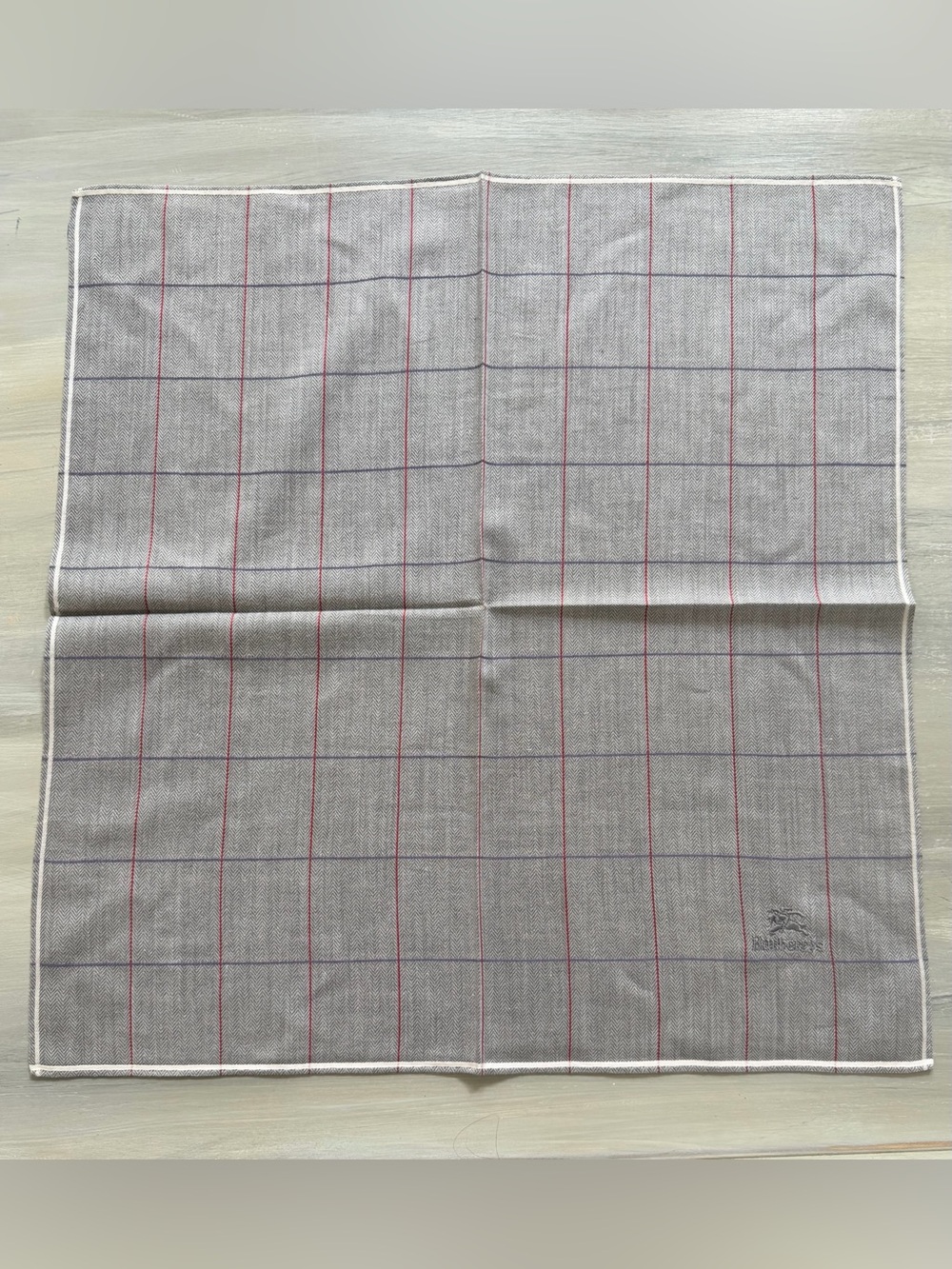 Burberry’s Grey Windowpane Herringbone Pocket Square with Red Purple & Blue Line - Picture 4 of 13
